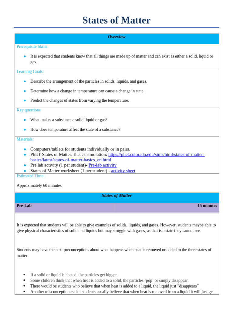States of Matter Lesson Plan | PDF | Liquids | Gases