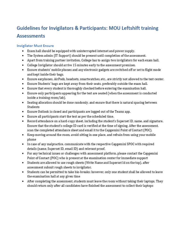 MOU Assessment Guidelines - College - Invigilator - Participants | PDF