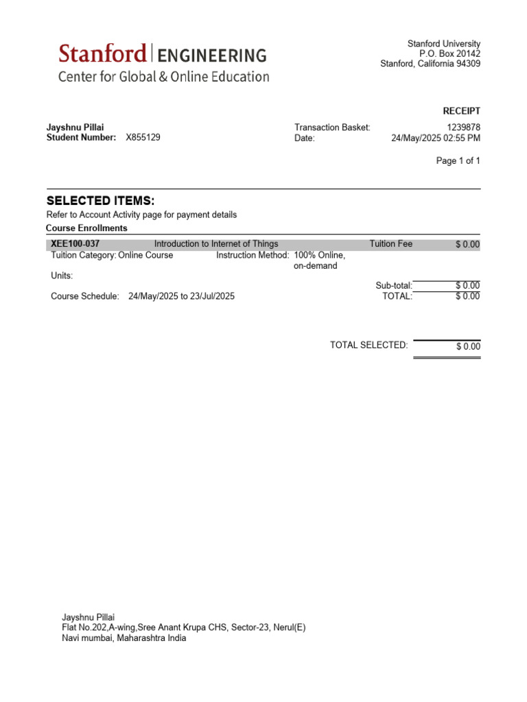 Stanford Engineering Center For Global & Online Education Receipt | PDF