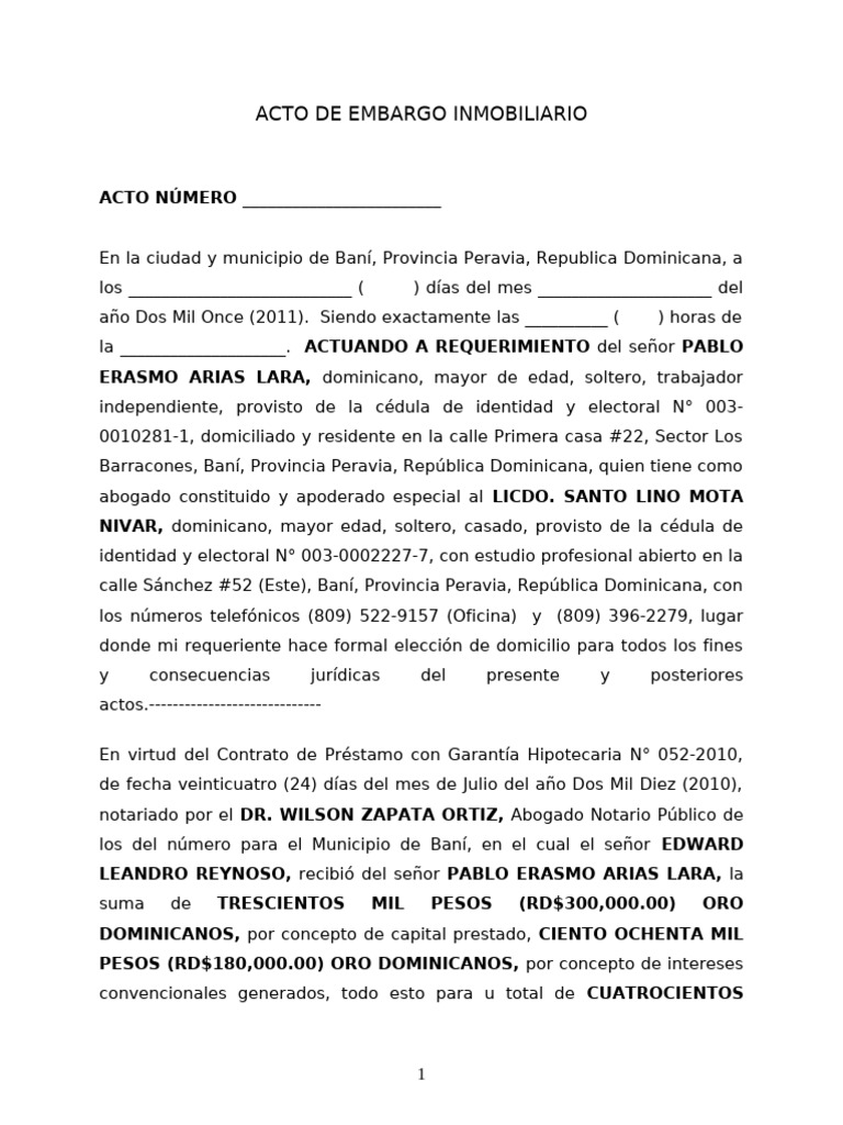 Acto de Embargo Inmobiliario - Pablo Arias Vs Edward Reynoso | PDF ...