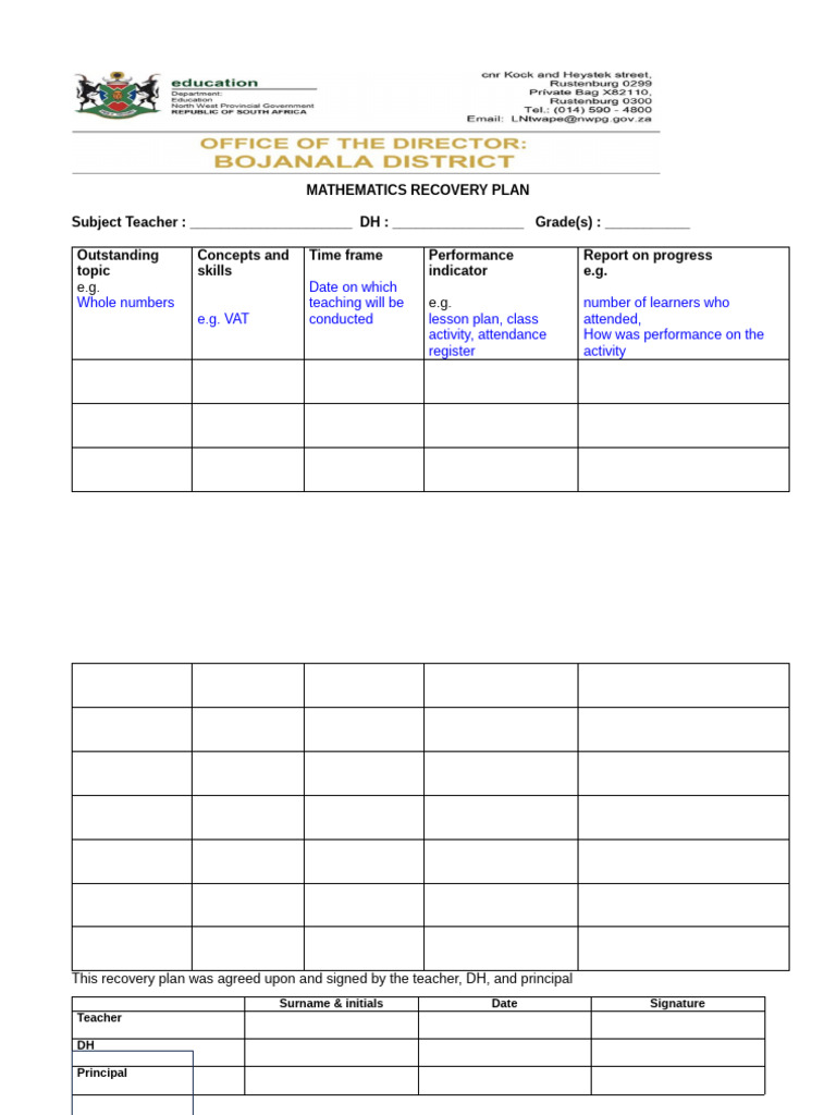 Recovery Plan Template Maths | PDF