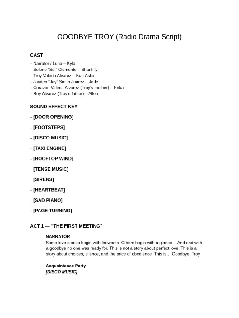 Goodbye Troy Radio Drama Script | PDF