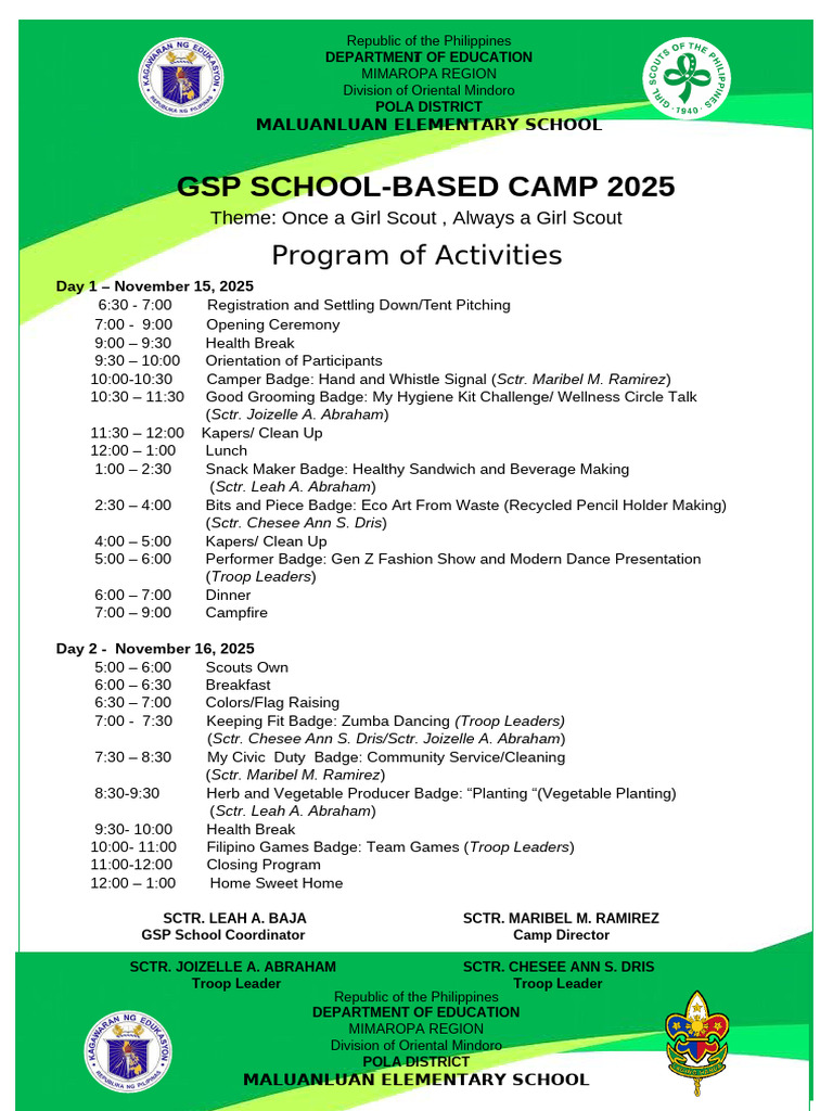 GSP Program of Activities &closing Program 2025 | PDF | Scouting ...