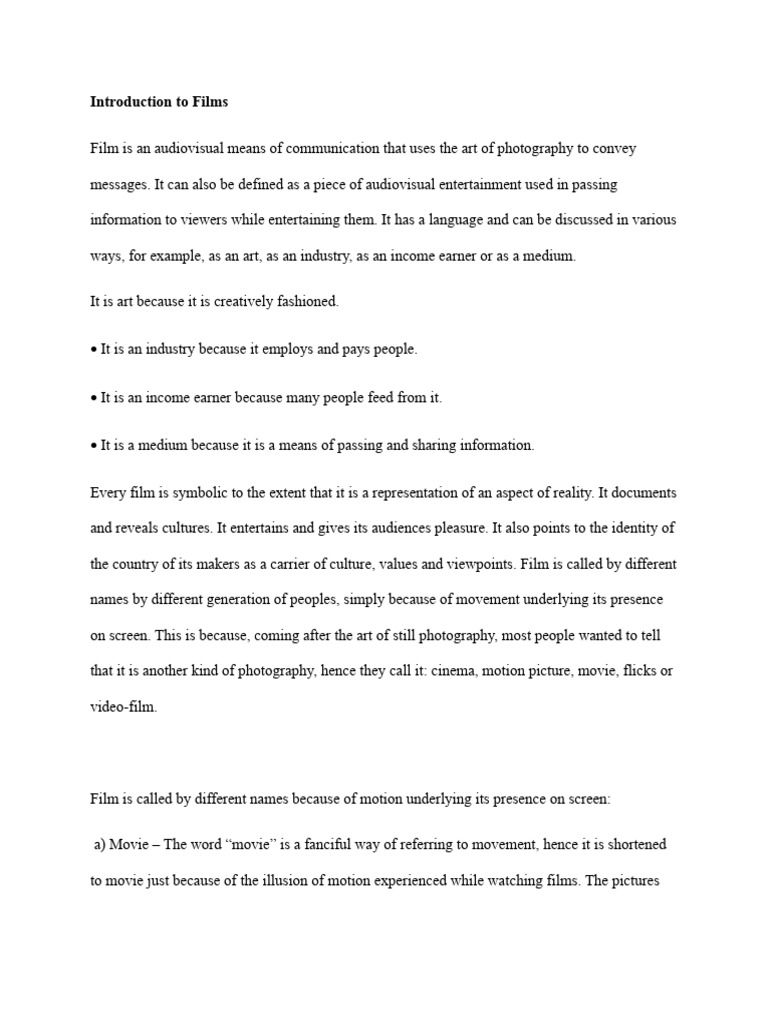 Introduction To Films | PDF | Cinematography | Cinema Of The United States