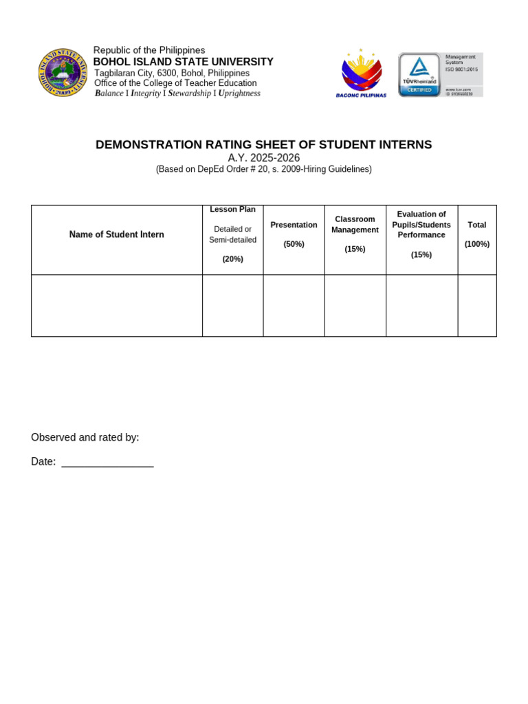 SI Rating Sheet For Demonstration | PDF