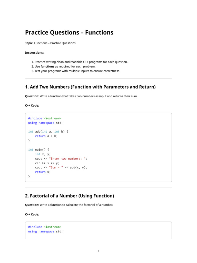 Functions Practice Assignment | PDF | C++ | Parameter (Computer ...