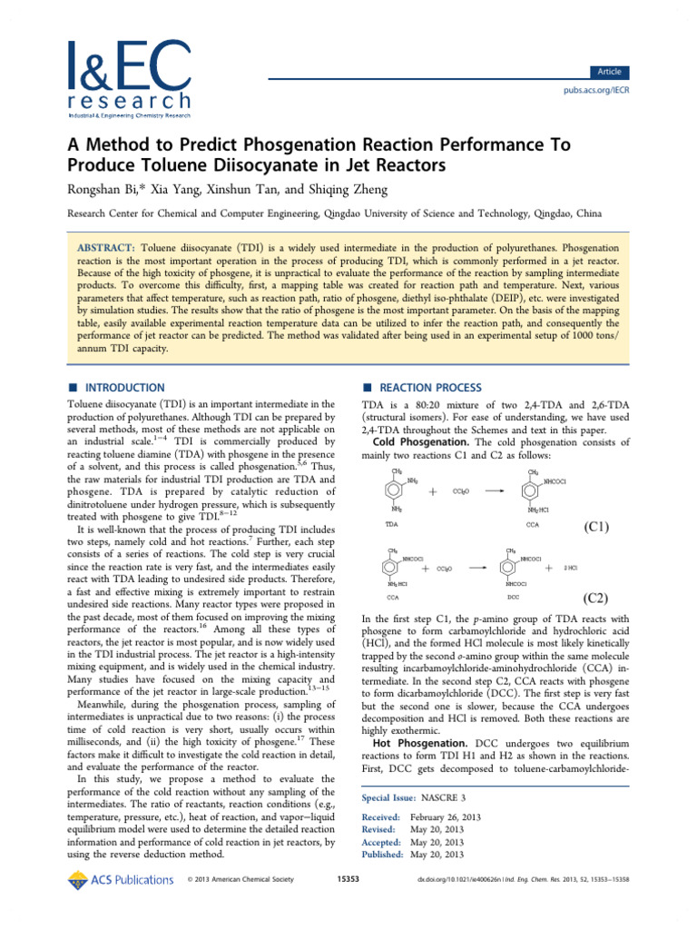A Method To Predict Phosgenation Reaction Performance To Produce ...