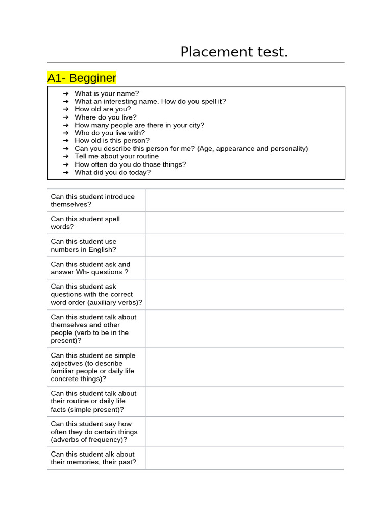 Placement Test | PDF | Grammatical Tense | Verb