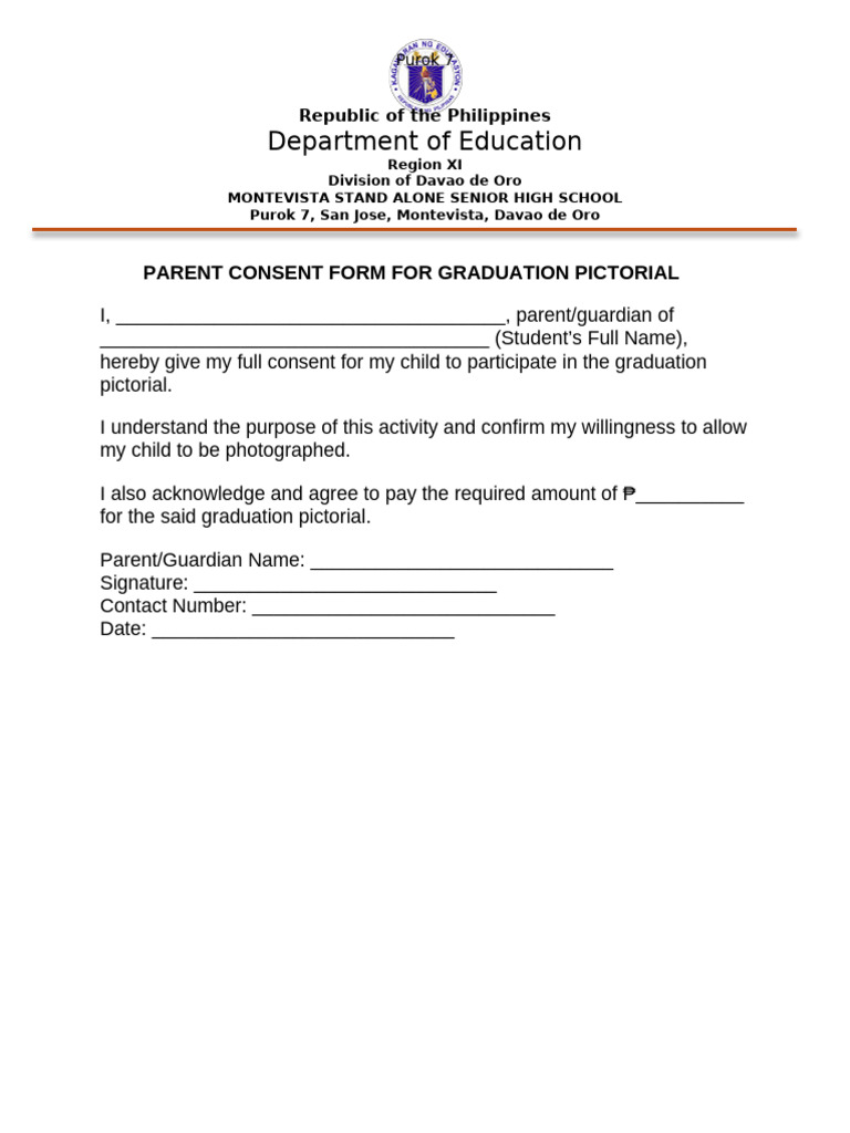 Parent Consent Form For Graduation Pictorial | PDF