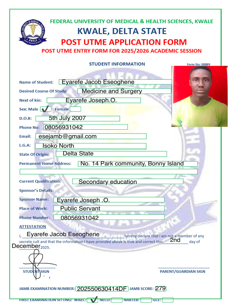 Federal University of Medical & Health Sciences, Kwale Post Utme Form ...