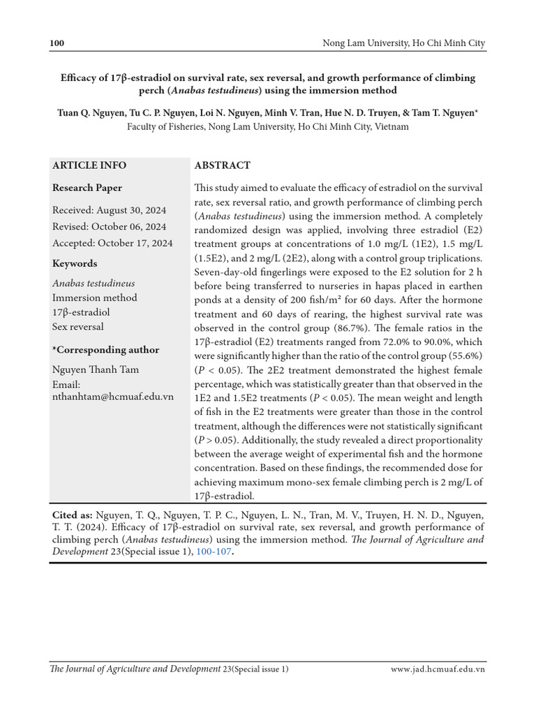 Efficacy of 17β-Estradiol on Survival Rate, Sex Reversal, And Growth ...