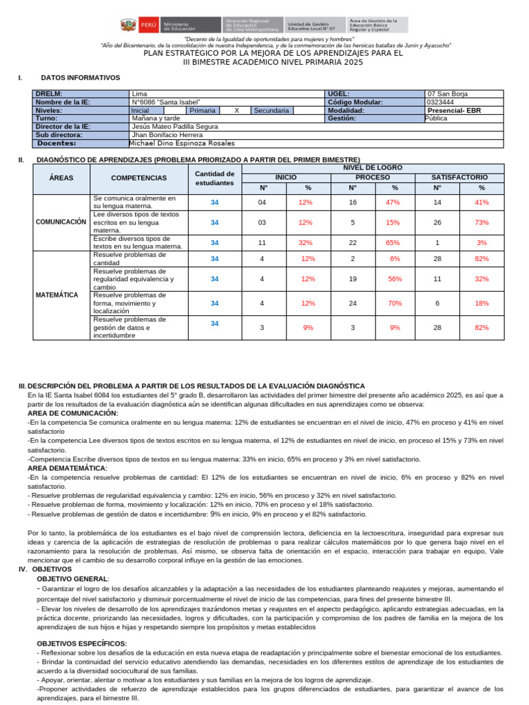 Plan de Mejora 5to B III Bim | PDF | Maestros | Comprensión lectora