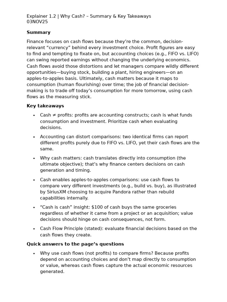 Explainer 1.2 Why Cash - Summary & Key Takeaways | PDF | Investing | Cash