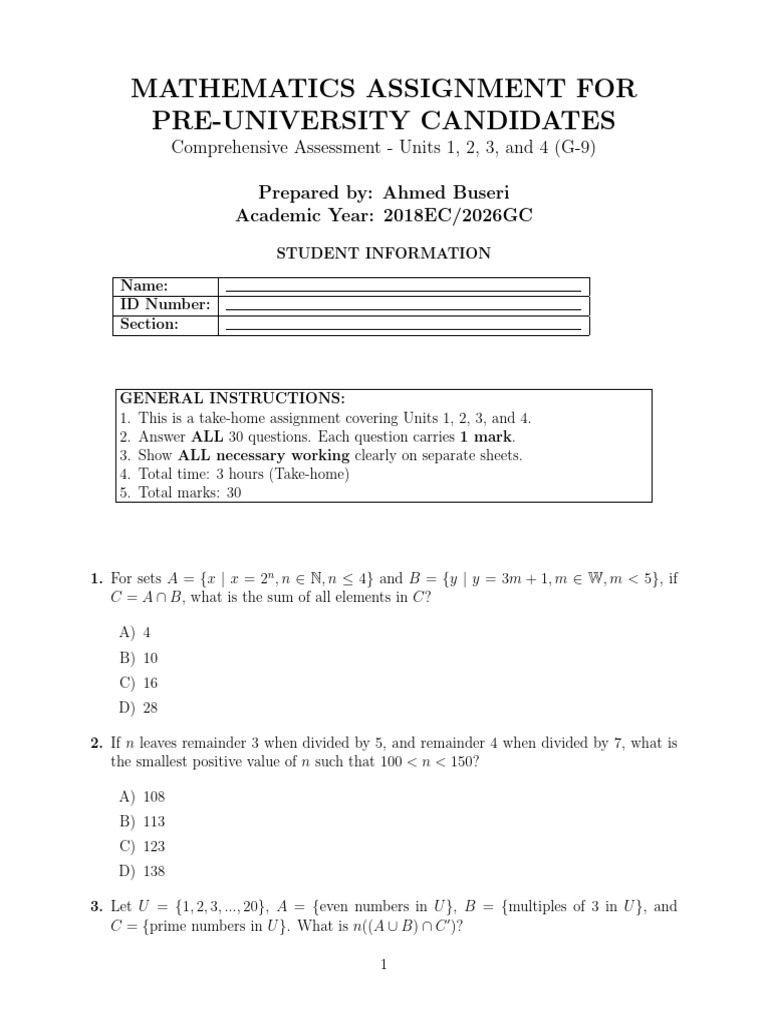 Pre-University Remedial Maths Assignment I | PDF | Mathematics ...