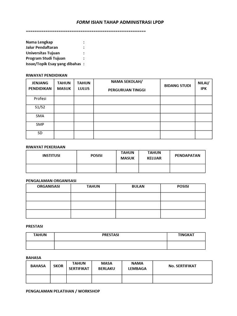 Form Isian Seleksi Administrasi LPDP | PDF