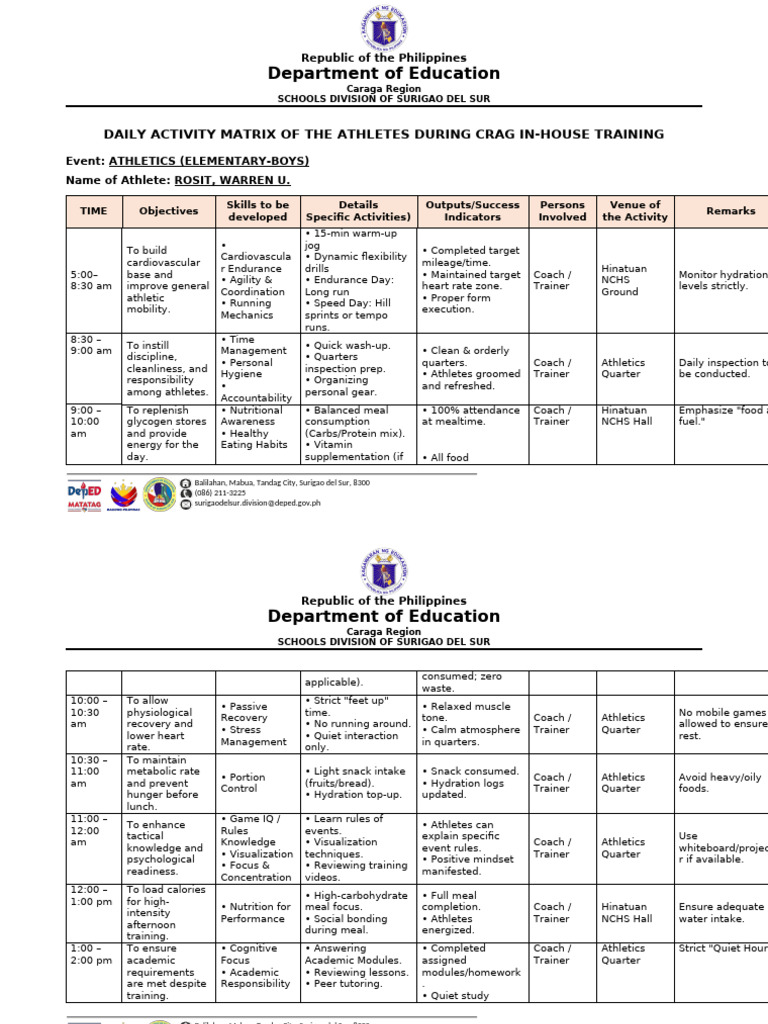 Daily Activity Matrix For The Athletes 1 | PDF | Strength Training ...