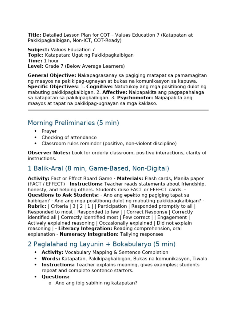 Detailed Lesson Plan For Cot - Values Education 7 | PDF | Literacy ...