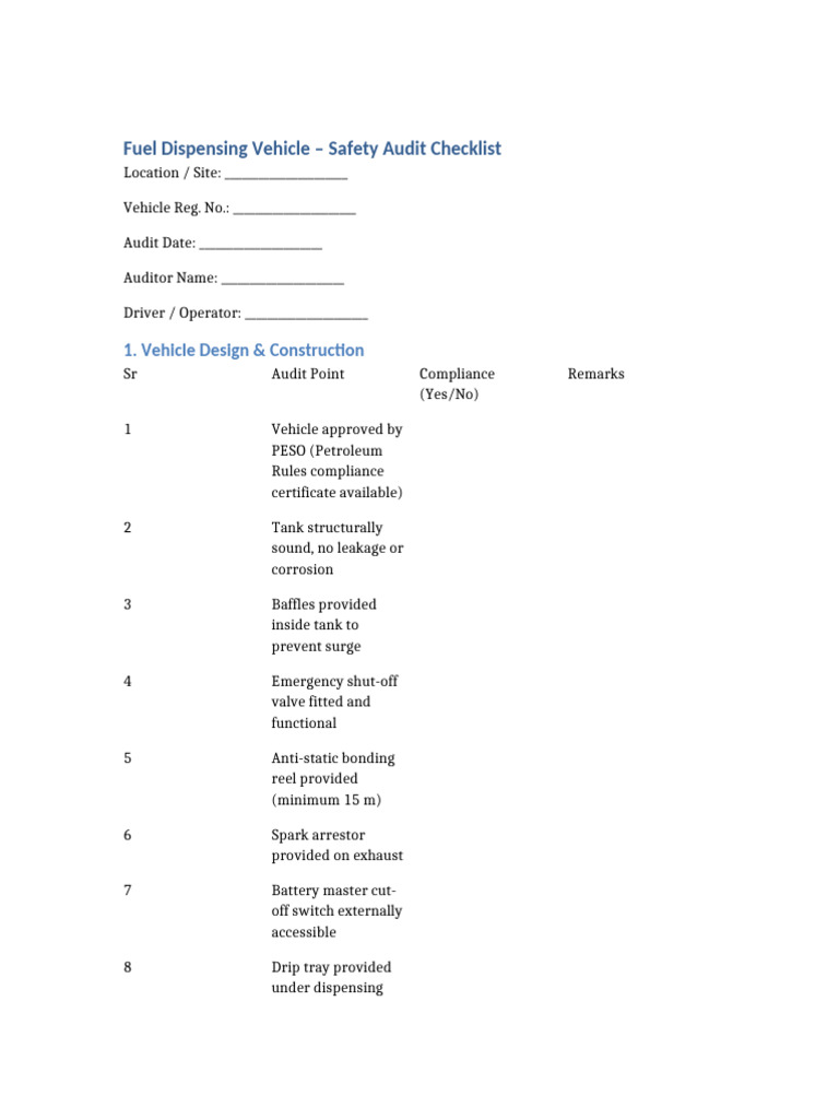 Fuel Dispensing Vehicle Safety Audit Checklist | PDF | Vehicles