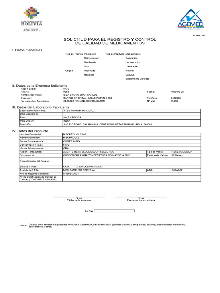 Form 005 | PDF | Tableta (Farmacia) | Tratamientos médicos
