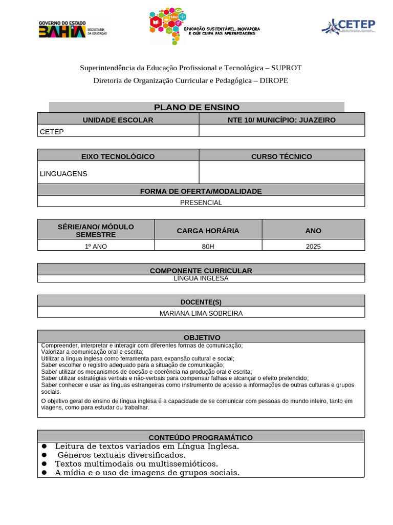 Modelo de Plano de Ensino Da Ept | PDF | Língua inglesa | Comunicação