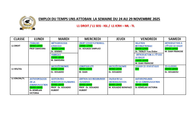 Emploi Du Temps Attoban 2025-2026 Ll1 & l2 Droit - l1 & l2 Seg 24 | PDF